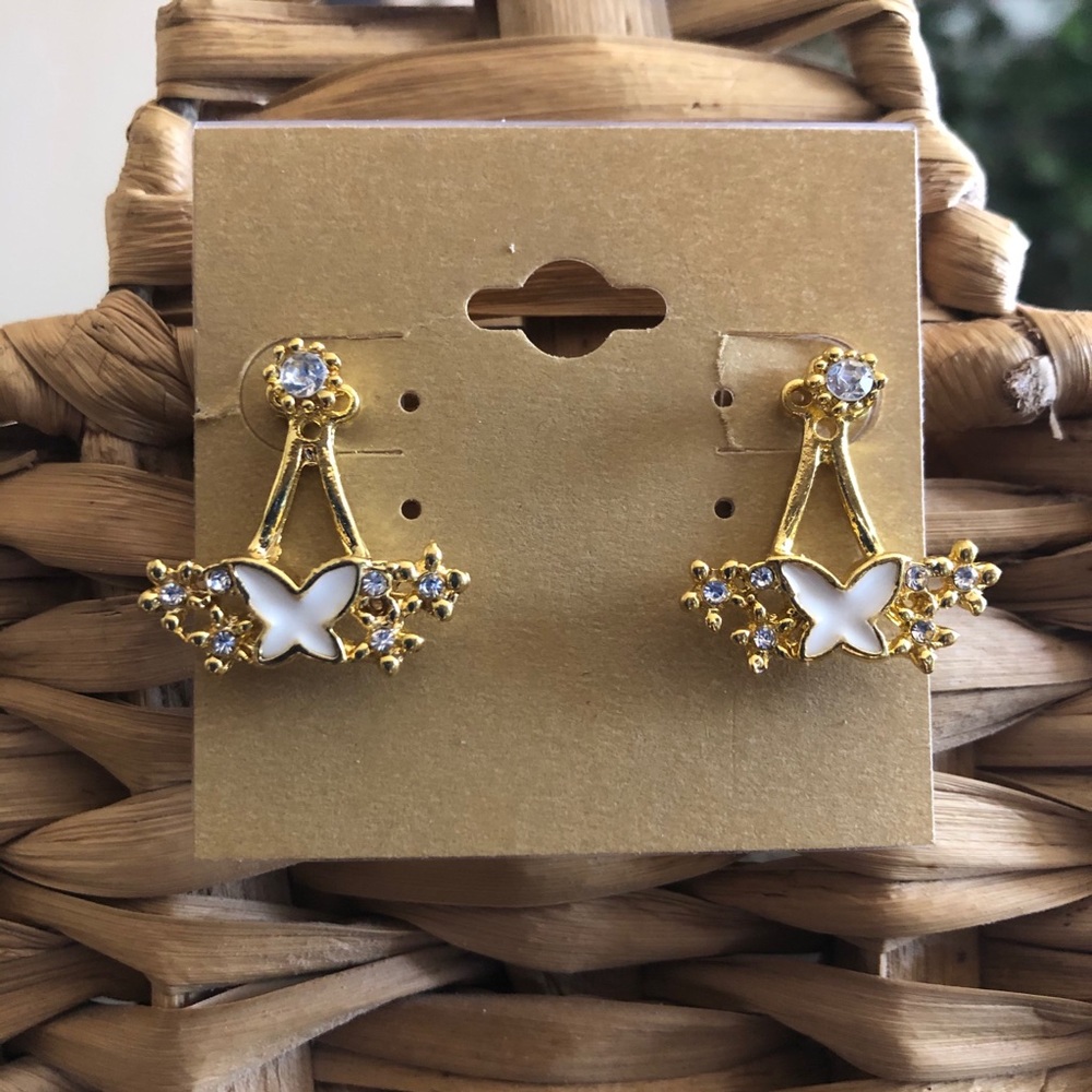 Gold tone enamel rhinestone two part earrings